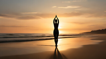 A woman in a yoga pose on the beach against the sun sets or sunrise on the horizon during the golden hour. The silhouette image is for yoga content. - Powered by Adobe