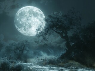 A full moon rises over a dark and spooky forest.