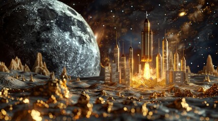A golden city on the moon with a spaceship taking off.