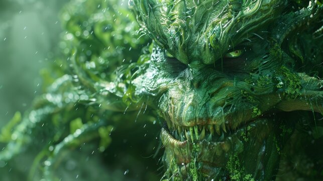 A closeup of a swamp monster's face