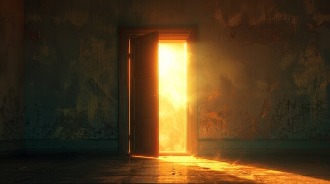 A dark room with a bright light coming in from an open door.