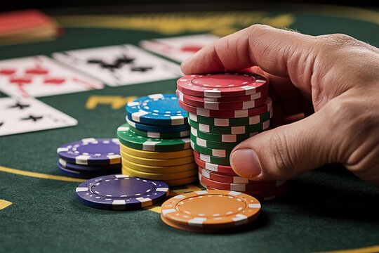 Close-up of Hands Stacking Poker Chips at a Casino Table, Cards and Bets in Play, Intense Gambling Moment