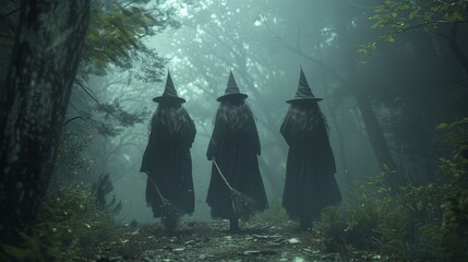 Three witches walk through a misty forest carrying brooms. - obrazy, fototapety, plakaty