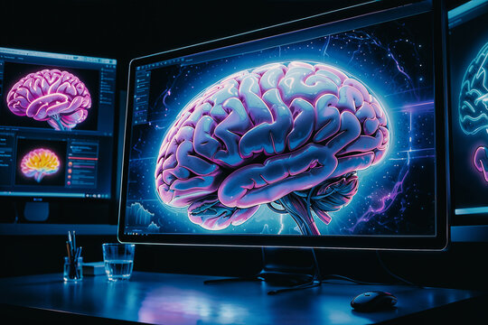 A large monitor screen shows a picture of a human brain. There are several other monitors with schematic images in the background.