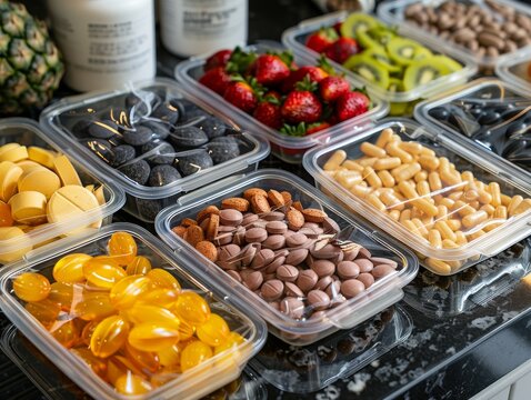 A variety of supplements and pills in plastic containers next to fresh fruit.
