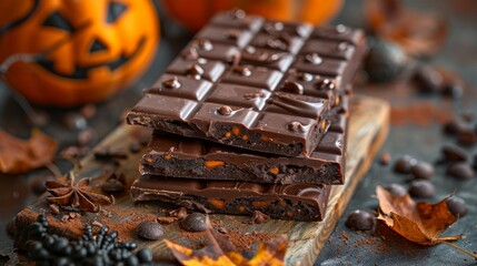 A stack of three chocolate bars on a table. The top bar is plain, the middle bar is filled with caramel, and the bottom bar is filled with nougat. There are some cocoa beans and fall leaves on the tab - obrazy, fototapety, plakaty