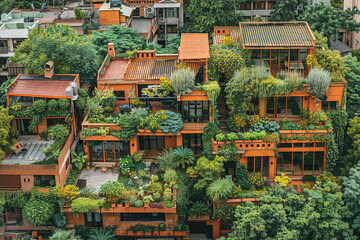 Urban oasis: green-roofed buildings amidst cityscape