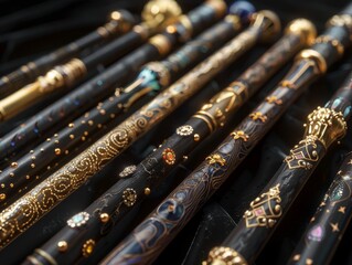 Naklejka premium A collection of magic wands made of different materials and decorated with various magical symbols.