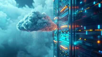 a futuristic computer server in the shape of cloud with information transmitting thru the server, photo realistic - obrazy, fototapety, plakaty