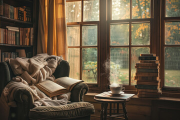 serene reading nook with hot beverage and books on a sunny morning for relaxing home atmosphere - obrazy, fototapety, plakaty