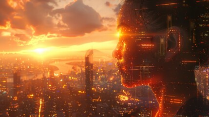 portrait of a woman made of tiny particles with a bright light on her face and a city in the background - obrazy, fototapety, plakaty