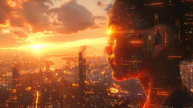 portrait of a woman made of tiny particles with a bright light on her face and a city in the background