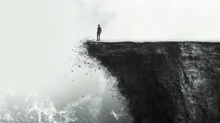 Man standing on a cliff looking down at the ocean. The cliff is crumbling beneath him. - obrazy, fototapety, plakaty