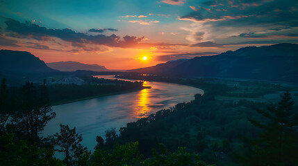 A wide river flows through a valley at sunset. The sky is ablaze with color, and the sun casts a golden reflection on the water.