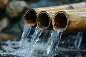 Close up of water flowing through bamboo pipes