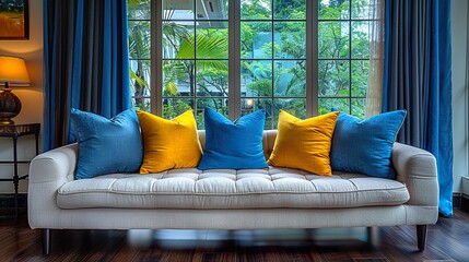 Beige sofa with blue and yellow pillows