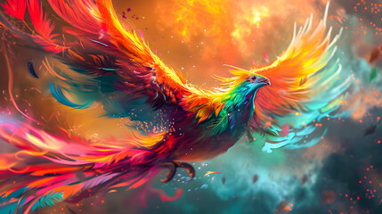 Fototapeta premium background of a rainbow phoenix bird flying in a sky full of clouds. 3D rendering. Rainbow Phoenix wallpaper 