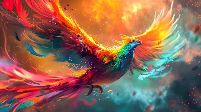 background of a rainbow phoenix bird flying in a sky full of clouds. 3D rendering. Rainbow Phoenix wallpaper	