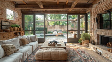 Naklejka premium Elegant luxury living room with fireplace and large window