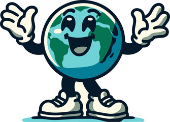 Earth Day Vintage Happy Earth Day planet Earth with retro cartoon character mascot face arms and legs in Vector SVG PNG transparent file wearing sneakers - obrazy, fototapety, plakaty