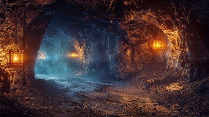 Fantasy stone dungeon cave with glowing lanterns on walls, lamp illuminate magical trail leading out from old ancient cavern towards mystical glow, scene with abandoned ruins, empty road and tunnel