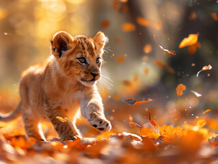 Autumn Frolic: Lion Cub Playing Amongst Falling Leaves in Morning Light
