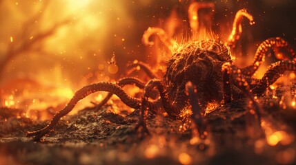 A giant octopus made of fire emerges from the ashes of a forest fire. - obrazy, fototapety, plakaty