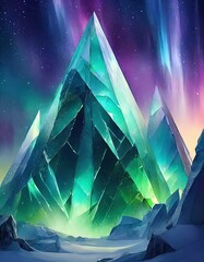 Design an abstract geometric background that features a complex crystalline structure resembling a frozen landscape under the aurora borealis.