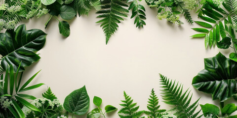 Tropical plants and leaves frame on white background, top view, flat lay, copy space