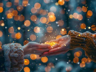 Two hands holding a string of lights in front of a blurred background of bokeh lights.