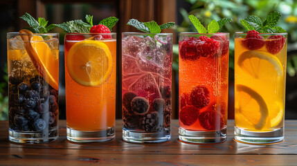 A row of glasses filled with various types of fruit drinks, lemonades and cocktails.