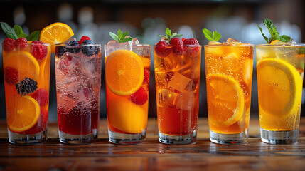 A row of glasses filled with various types of fruit drinks, lemonades and cocktails.