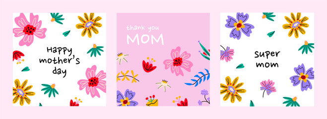 Happy Mothers Day. Set of trendy and colorful vector illustrations. Bold abstract flowers. Design templates for card, banner, invitation.
