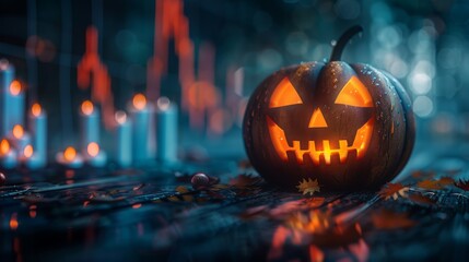 A spooky pumpkin glowing in the dark - obrazy, fototapety, plakaty