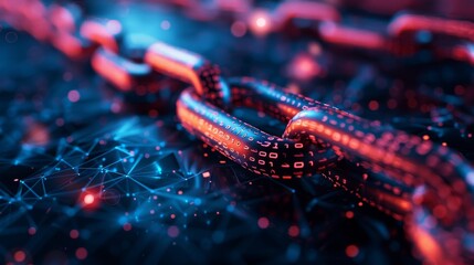 A glowing red and blue metal chain with binary code on the links. - obrazy, fototapety, plakaty