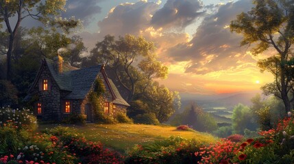 A tranquil stone cottage nestled in lush greenery, bathed in the golden hues of sunset, with smoke wafting from the chimney.