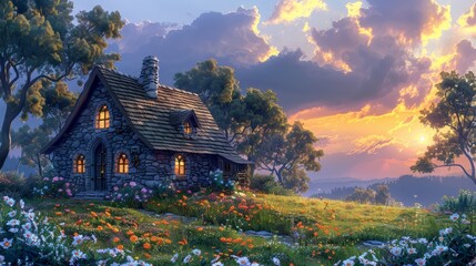 A tranquil stone cottage nestled in a vibrant meadow under a golden sunset, framed by silhouetted trees and serene clouds.