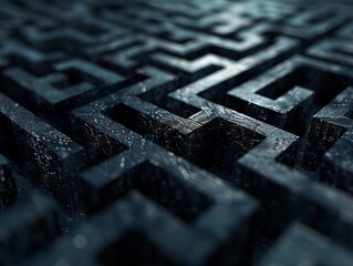 A black and blue 3D rendering of a maze. - obrazy, fototapety, plakaty