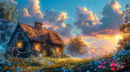 A charming stone cottage with a thatched roof, nestled amidst a vibrant, blooming garden under a golden sunset sky, exuding serene beauty and enchantment.