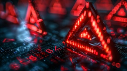 Red glowing circuit board with triangle warning signs