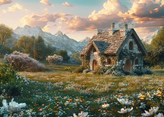 A charming stone cottage with wooden accents nestled in a lush meadow, surrounded by flowering bushes, with a backdrop of majestic snow-capped mountains under a serene sunset sky.