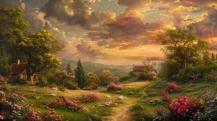 A serene landscape at sunset, featuring a cozy cottage nestled amidst lush greenery and blooming flowers, under a sky painted with warm hues.
