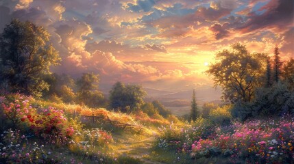 A breathtaking sunset landscape with the sun casting a golden hue over a field of vibrant flowers, lush greenery, and distant mountains under a serene sky.