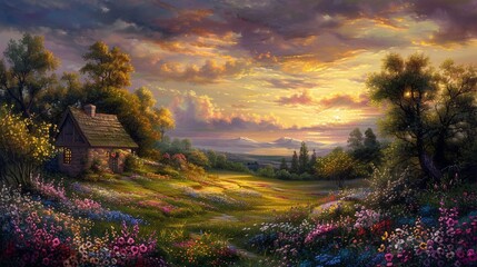 A serene landscape at sunset, featuring a cozy cottage nestled amidst lush greenery and blooming flowers, under a sky painted with warm hues.