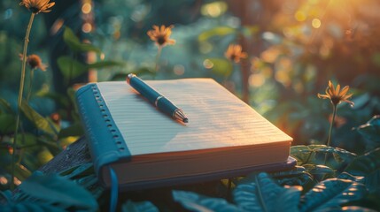 A notebook and pen sit on a wooden table in a lush green forest. The sun is shining through the trees, creating a dappled pattern on the notebook. - obrazy, fototapety, plakaty