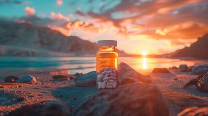 A close-up of a bottle of pills on the beach at sunset - obrazy, fototapety, plakaty