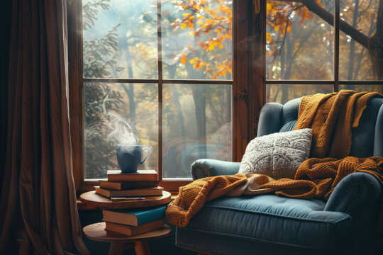 autumn inspired cozy reading spot with steaming cup and colorful foliage view for relaxing interior