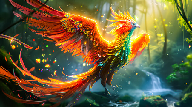 background of a rainbow phoenix bird flying in a sky full of clouds. 3D rendering. Rainbow Phoenix wallpaper	