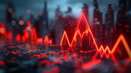 Fotobehang A 3D rendering of a city with red glowing triangles representing a stock market crash. © Pornarun