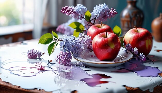 Still life with apples and a plate on a table covered in paint, surrounded by lilac flowers.